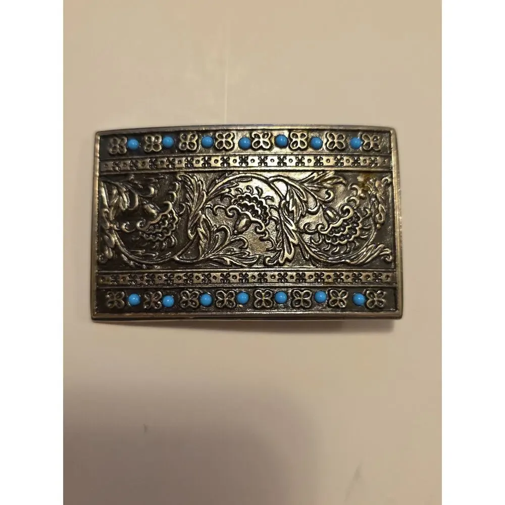 Western Cowgirl Faux Stainless Steel & Turquoise Belt Buckle OS